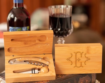 Wine Gift Set, Engraved Bamboo Wood Wine Box with Cork Screw Opener and Bottle Stopper, Personalized Gift for Wine Lover, Housewarming Gift