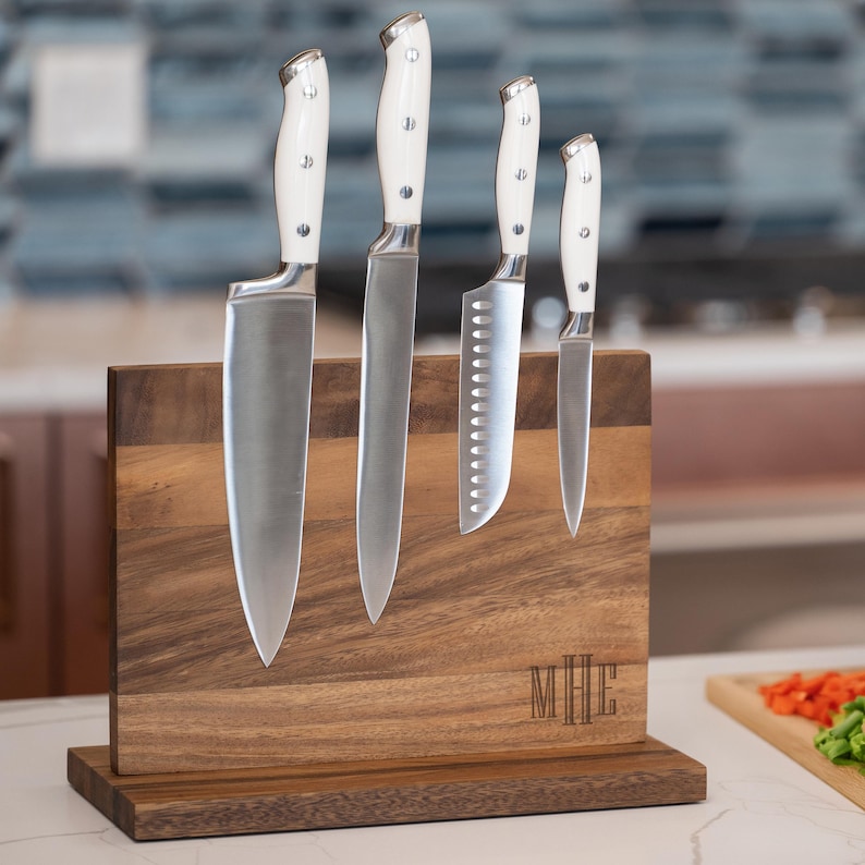 Personalized Walnut Magnetic Knife Block, Gift for Mom, Engraved Monogram Kitchen Organizer