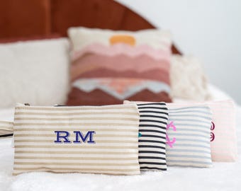 Monogrammed Striped Cosmetic Bag, Gift for Her, Personalized Makeup Bag, Embroidered Clutch