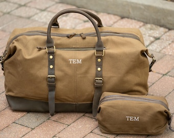 Personalized Canvas & Leather Travel Bag Set, Gift for Men, Embroidered Duffle and Dopp Kit