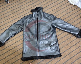 Men’s Black Shearling Leather Jacket Zip Up Winter Aviator Biker Coat Outwear