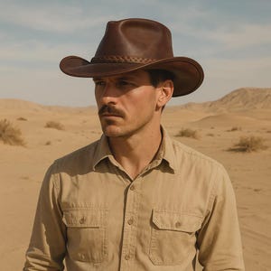 Handmade Genuine Brown Leather Cowboy Hat for Men Classic Western Style Outdoor Travel Fedora Comfortable Fit Gift for Him Vintage Look
