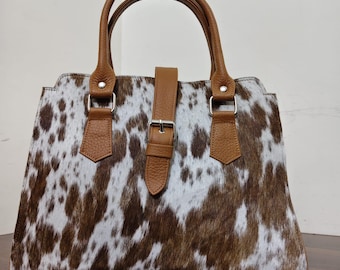 Handmade Brown White Pony Hair Cowhide Handbag with Tan Leather Straps