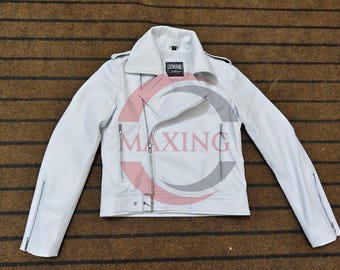 Women White Genuine Leather Biker Jacket Slim Fit Motorcycle with Zipper Pocket