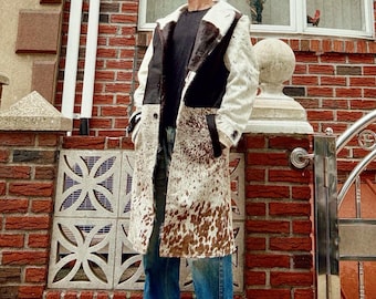 Handmade Cowhide Hair-on Hide Long Coat: Western Cowboy Style