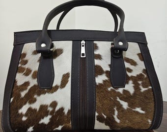 Handmade Cowhide Leather Tote Bag | Genuine Hair-On Hide Western Shoulder Purse