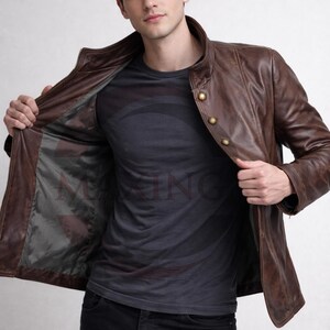 Men’s Genuine Leather Jacket - Vintage Military Style Button Front Coat Outwear image 2