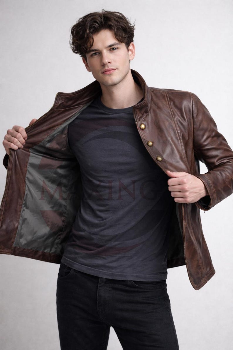 Men’s Genuine Leather Jacket - Vintage Military Style Button Front Coat Outwear image 2