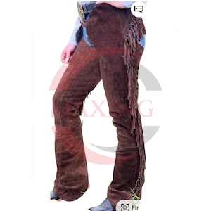 Suede Leather Fringe Chaps: High Waist Cowgirl Western Riding Pants