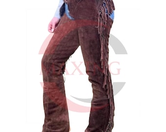Women Suede Leather Fringe Chaps - High Waist Cowgirl Western Riding Pants