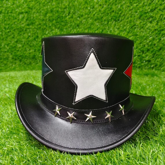 Handmade Western Leather Top Hat, Black Cowboy Hat With  display picture 1