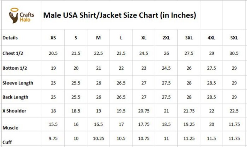 May include: A size chart for men's shirts and jackets, in inches. The chart includes measurements for chest, bottom, sleeve, back length, shoulder, muscle, and cuff, ranging from XS to 5XL. The Crafts Halo logo is in the upper left corner.