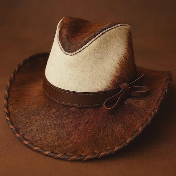Handmade Brown Leather and Cowhide Western Hat with Braided Band Handmade Cowhide Leather Cowboy Hat | Braided Band Western  main image 2