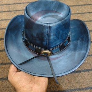 Haut-de-forme de cowboy en cuir bleu fait main | Style western steampunk