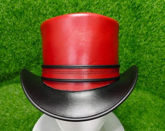 Handgemaakte rood-zwarte leren steampunk-hoge hoed met concho