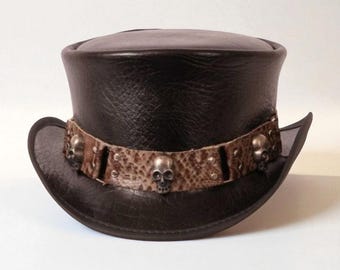 Handmade Leather Gothic Top Hat: Skull Band Steampunk Costume