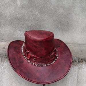 Handmade Red Leather Cowboy Hat with Chain Band – Wide Brim Western Outback Hat for Men & Women – Steampunk Festival Costume