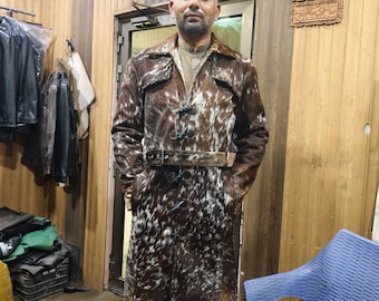 Handmade Cowhide Leather Trench Coat: Vintage Western Overcoat