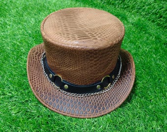 Leren steampunk-hoge hoed met bruin slangenpatroon: handgemaakte western-cosplay