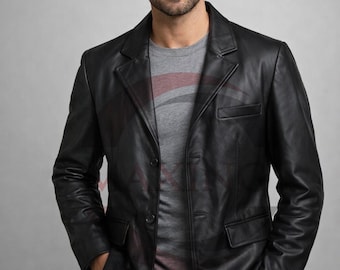 Men’s Genuine Leather Blazer Jacket – Classic Button Front Casual Coat