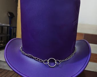 Handmade Purple Leather Top Hat, Victorian Steampunk, Gothic Mad Hatter Hat