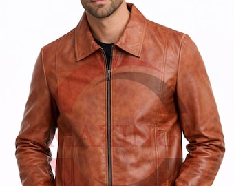 Men’s Brown Genuine Leather Jacket Zip Up Classic Casual Vintage Wester Style