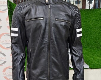 メンズ ブラックレザー バイカージャケット - ダイヤモンド