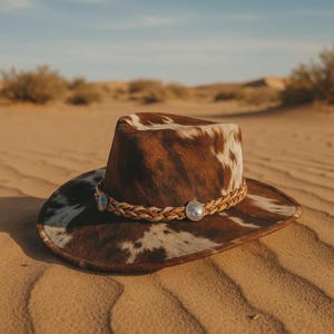 May include: A brown and white cowhide cowboy hat with a braided band and silver-toned embellishments. The hat is set against a sandy desert backdrop, showcasing its rustic aesthetic. The hat's brim is wide, and the crown is a medium height.