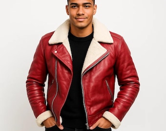 Blouson motard en cuir rouge fait main : col en fausse fourrure, manteau d'hiver