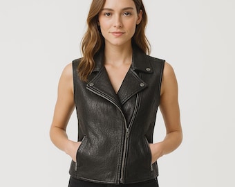 Handmade Black Leather Biker Vest: Women's Moto Style Waistcoat