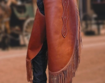 Handmade Leather Cowboy Chaps - Wester Fringe - Rodeo Horse Riding Ranch Wear