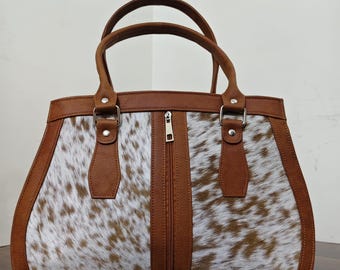 Handmade Brown White Pony Hair Cowhide Handbag with Genuine Leather Straps