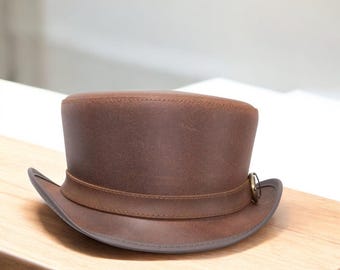 Handmade Brown Leather Steampunk Top Hat - Victorian Cosplay Festival Hat