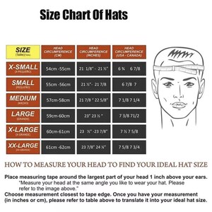 Pode incluir: Um gr&aacute;fico branco intitulado "Size Chart Of Hats" com medidas de tamanho de chap&eacute;u em cm e polegadas. Inclui um diagrama de uma cabe&ccedil;a com uma fita m&eacute;trica. O gr&aacute;fico fornece tamanhos de X-Small a XX-Large.