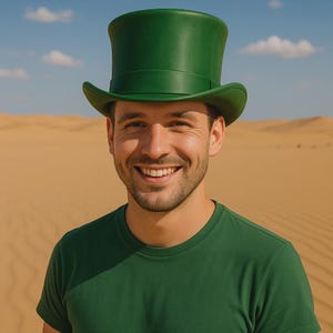 May include: A person wearing a green top hat and a green t-shirt smiles against a desert backdrop. The hat is a classic top hat design, and the t-shirt is a solid green color. The background features sand dunes and a blue sky.