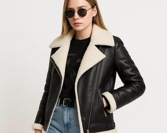 Handmade Black Faux Leather Shearling Jacket: Women's Biker Style