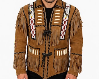 Handmade Suede Fringe Jacket: Beaded Bone Western Cowboy Coat
