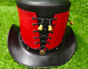 Handmade Leather Steampunk Top Hat: Red & Black Gothic Corset