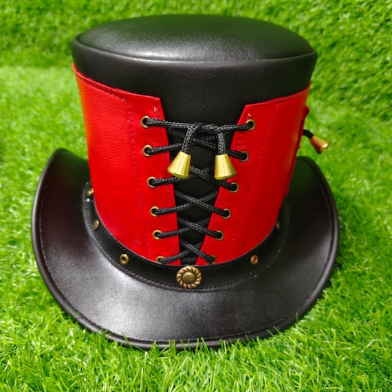 Handmade Leather Steampunk Top Hat: Red & Black Gothic  display picture 2