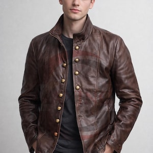 Men’s Genuine Leather Jacket - Vintage Military Style Button Front Coat Outwear image 1