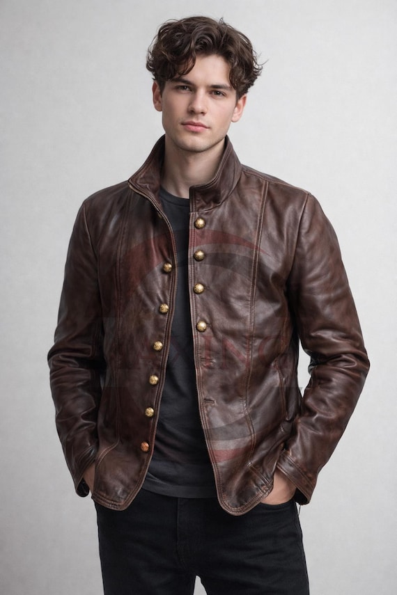 Men’s Genuine Leather Jacket - Vintage Military Style Button Front Coat Outwear