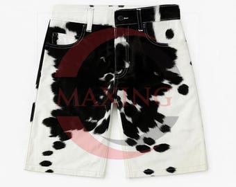 Handmade Cow Print Denim Shorts: Men's Streetwear Fashion