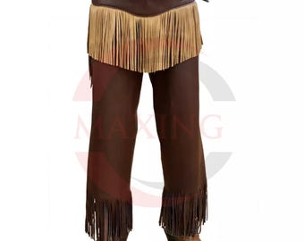 Handmade Leather Cowboy Chaps - Western Riding Pants with Tan Fringe