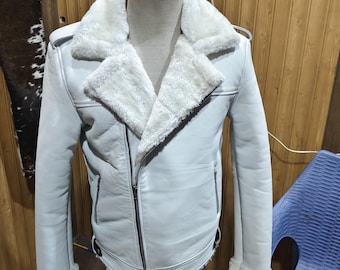 Handmade White Faux Shearling Lambskin Leather Jacket: Winter Motorcycle Coat