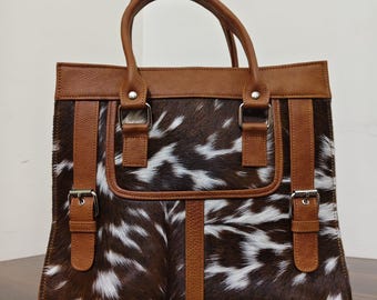 Handmade Brown Pony Hair Cowhide Tote Bag with Tan Leather Straps & Shoulder Belt