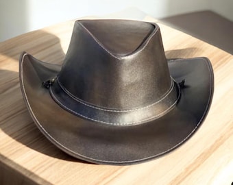 Handmade Brown Leather Outback Hat: Rustic Western Cowboy Style