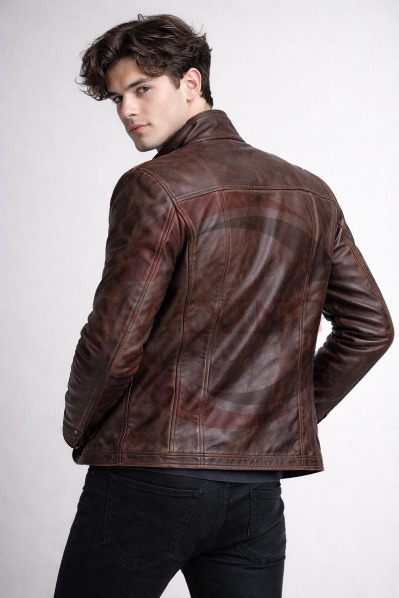 Men’s Genuine Leather Jacket - Vintage Military Style Button Front Coat Outwear image 3