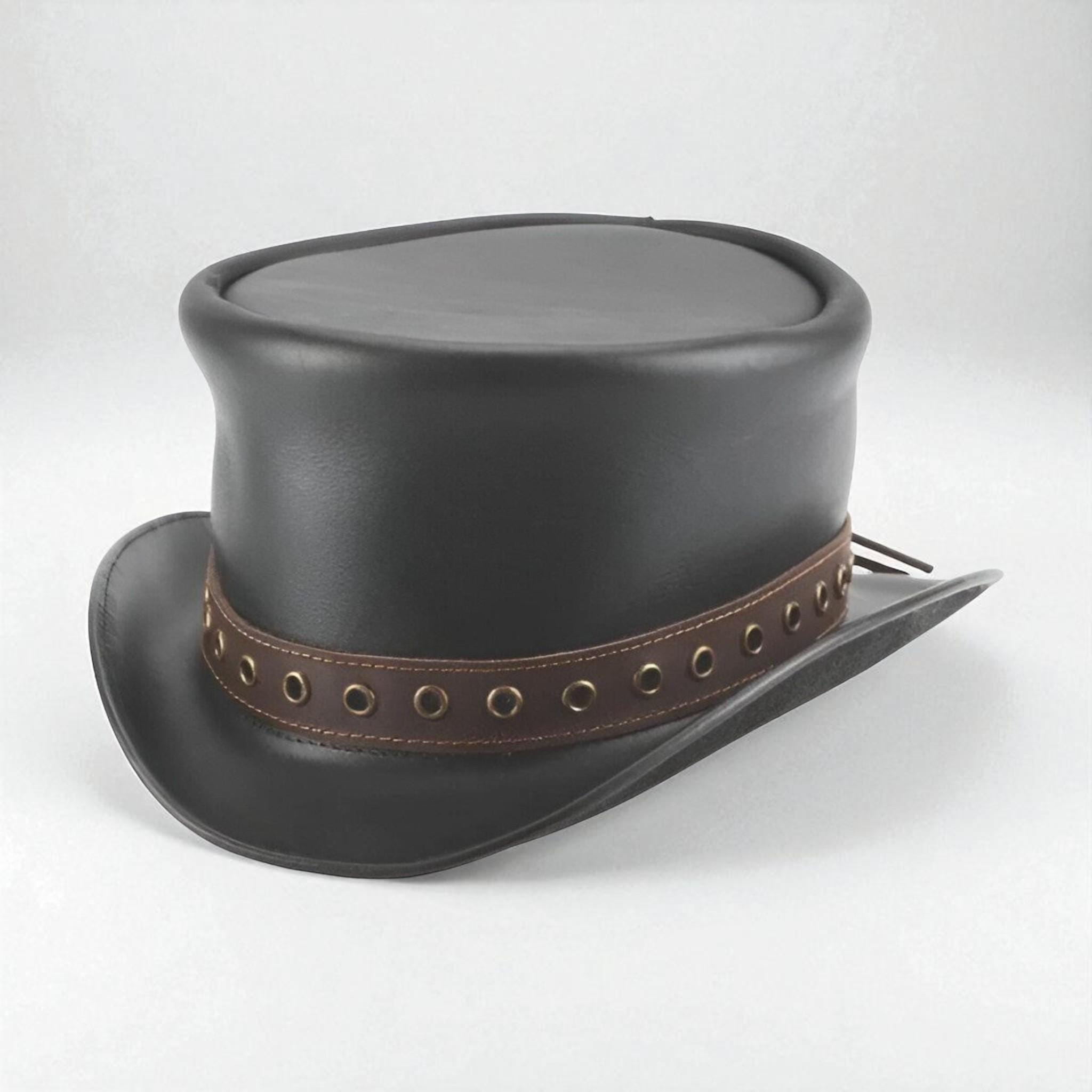 Genuine Leather Top Hat Steampunk Goth Cowboy Style Unisex Adult One Size Black Leather Top Hat with Chain Band | Western & Steampunk  main image 4