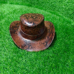 Puede incluir: Un sombrero de vaquero marrón con un diseño de piel de serpiente. El sombrero tiene un ala ancha y una copa alta, con una banda plateada alrededor de la base. El sombrero es de material similar al cuero y está sobre hierba verde.