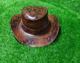 Brown Snakeskin Leather Cowboy Hat - Western Outback Wide Brim Unisex Hat
